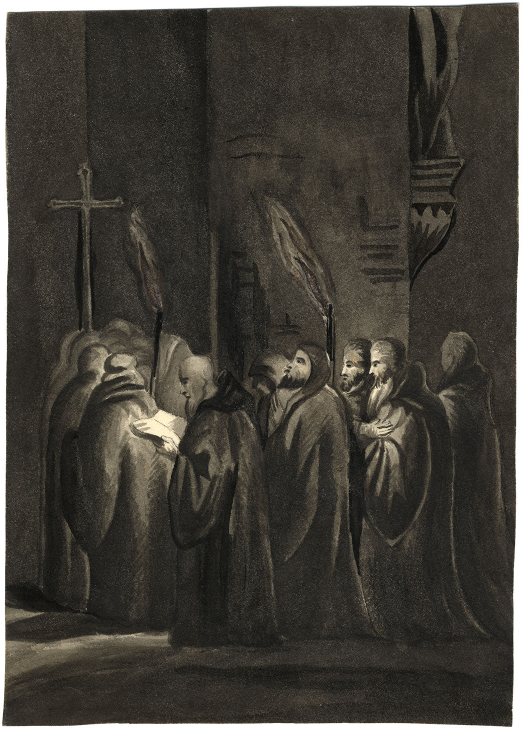 Attribuzione di Mary Heber, Processione dei monaci certosini con fiaccole – acquerello del 1830 circa