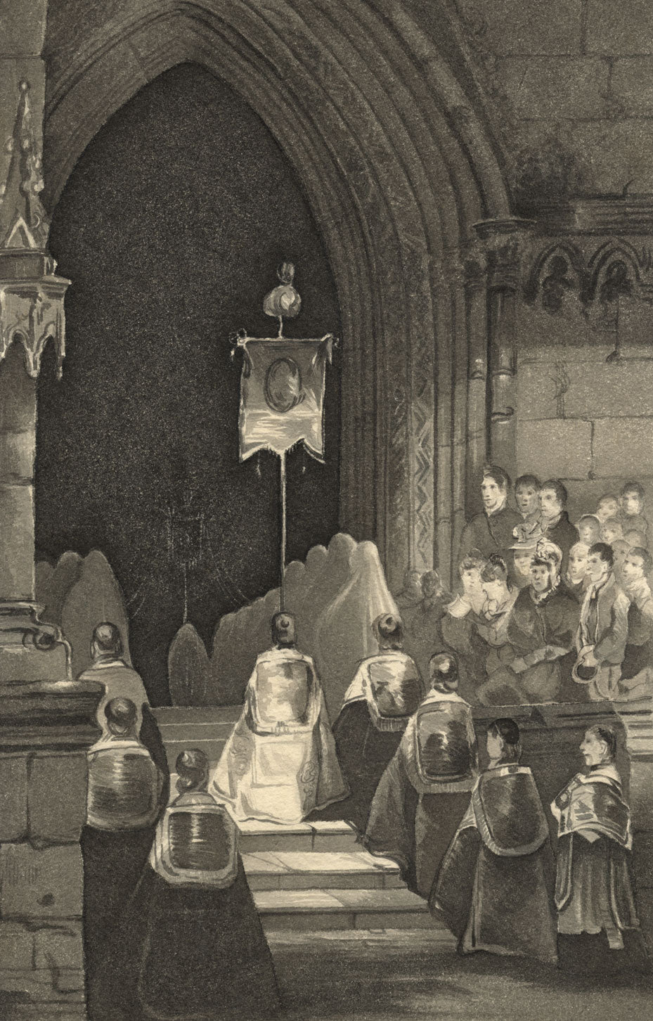 Attrib. Mary Heber, Catholic Mass Procession in Church Interior–1836 watercolour