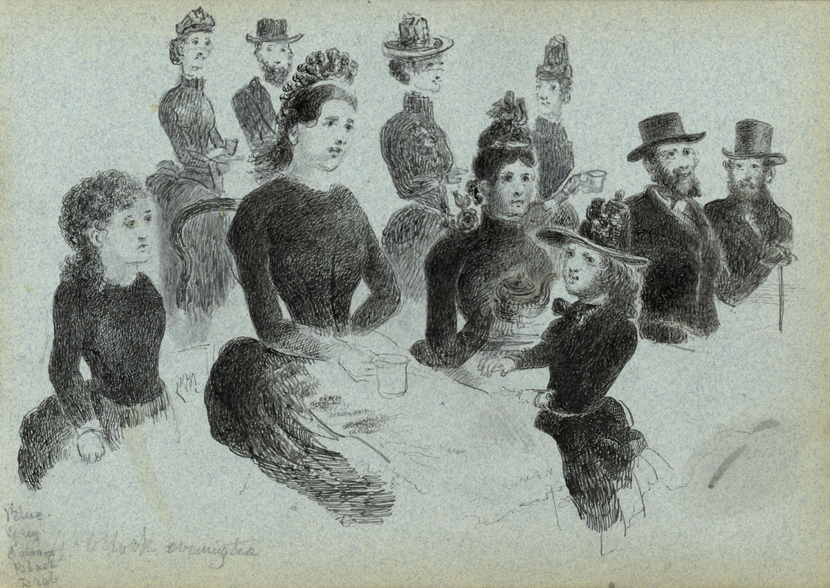 Alexander Hunter, Evening Tea in Edinburgh – Original 1877 pen & ink drawing