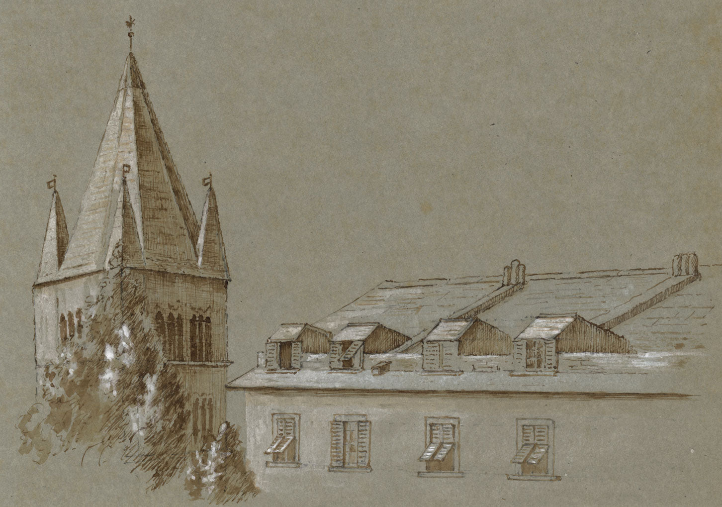 Church Tower & Rooftops – Original c.1902 pen & ink drawing