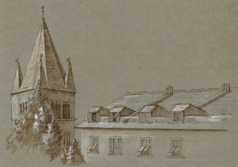 Church Tower & Rooftops – Original c.1902 pen & ink drawing