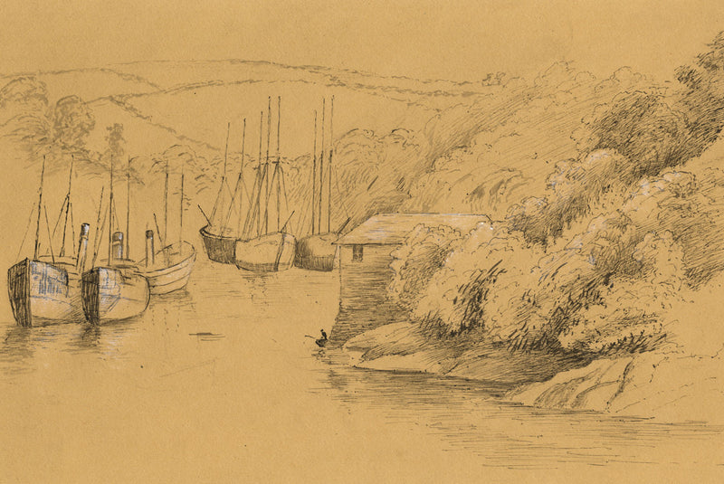 Head of the Estuary with Moored Boats, Devon – Original c.1902 pen & ink drawing