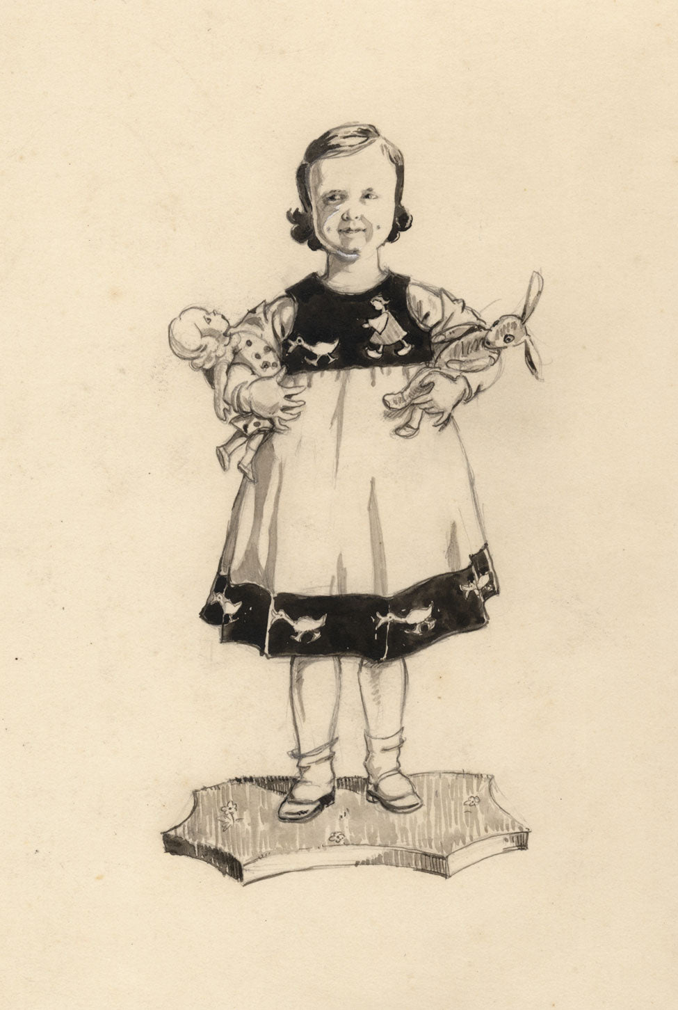 Young Girl with Her Doll – Original early 20th-century watercolour painting