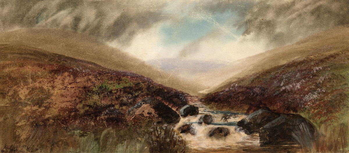 W. Rex, Dartmoor Stream with Heather – early 20th-century gouache painting