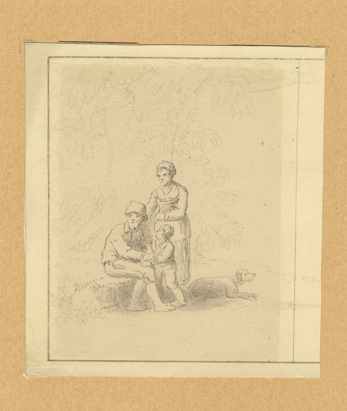 Anthony Devis, Peasant Family with Dog – early 19th-century pen & ink drawing