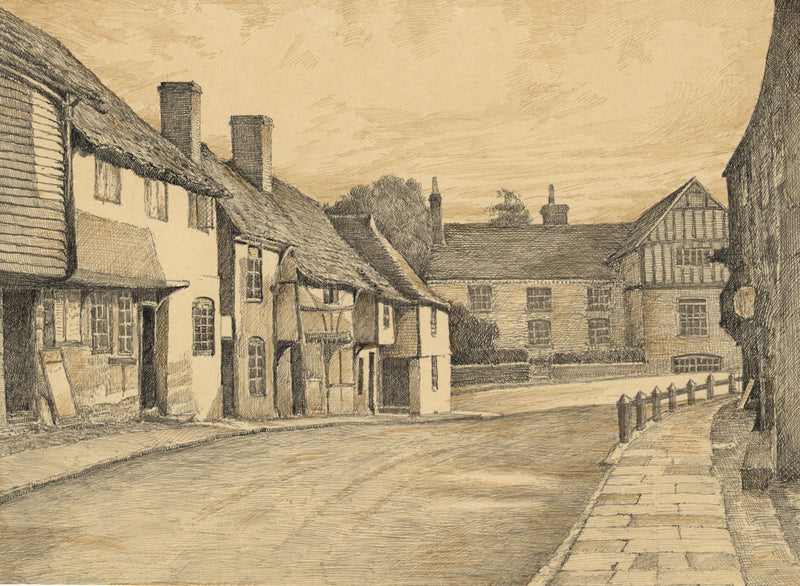 Village Street with Tudor Buildings – early 20th-century pen & ink drawing