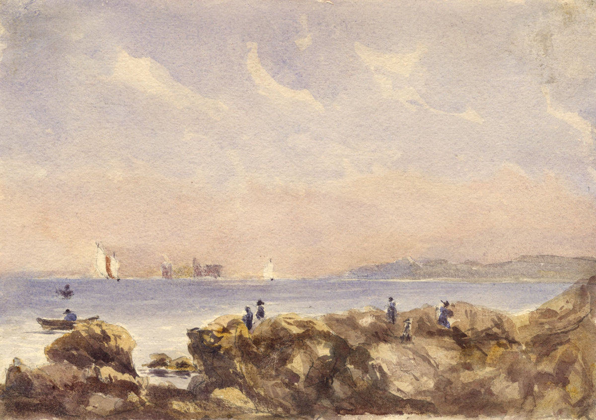 Coastal Rocks with Figures, Isle of Wight – Original 1872 watercolour painting