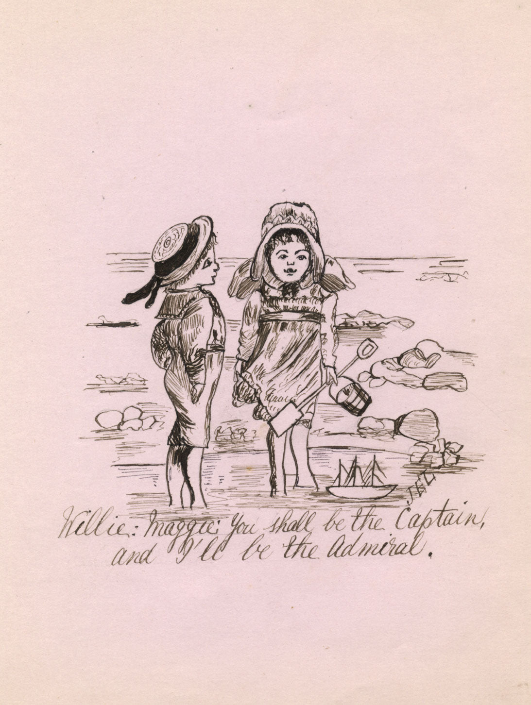 J.E.L., Victorian Children Playing on Beach –late 19th-century pen & ink drawing