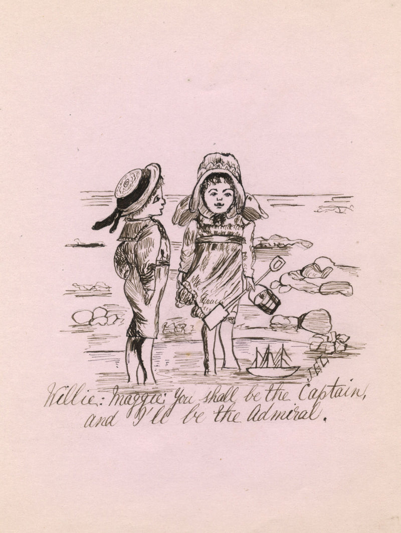 J.E.L., Victorian Children Playing on Beach –late 19th-century pen & ink drawing