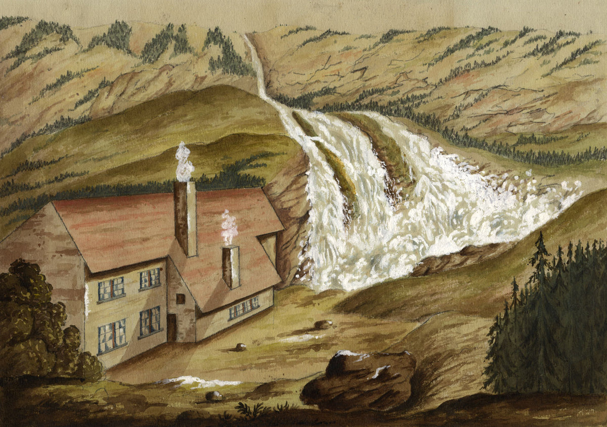 House by Waterfall, Romsdal, Norway – late 19th-century watercolour painting
