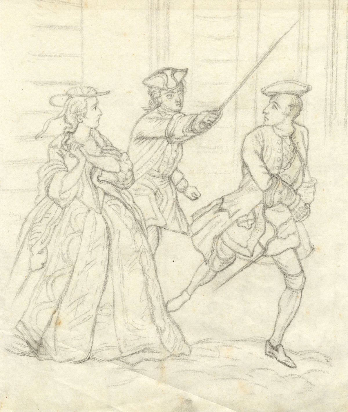 Two 18th-century Men Drawing Their Swords – late 19th-century graphite drawing