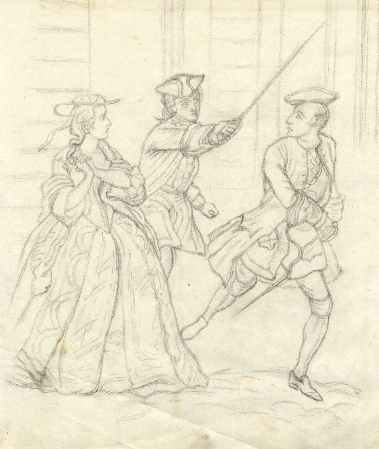 Two 18th-century Men Drawing Their Swords – late 19th-century graphite drawing