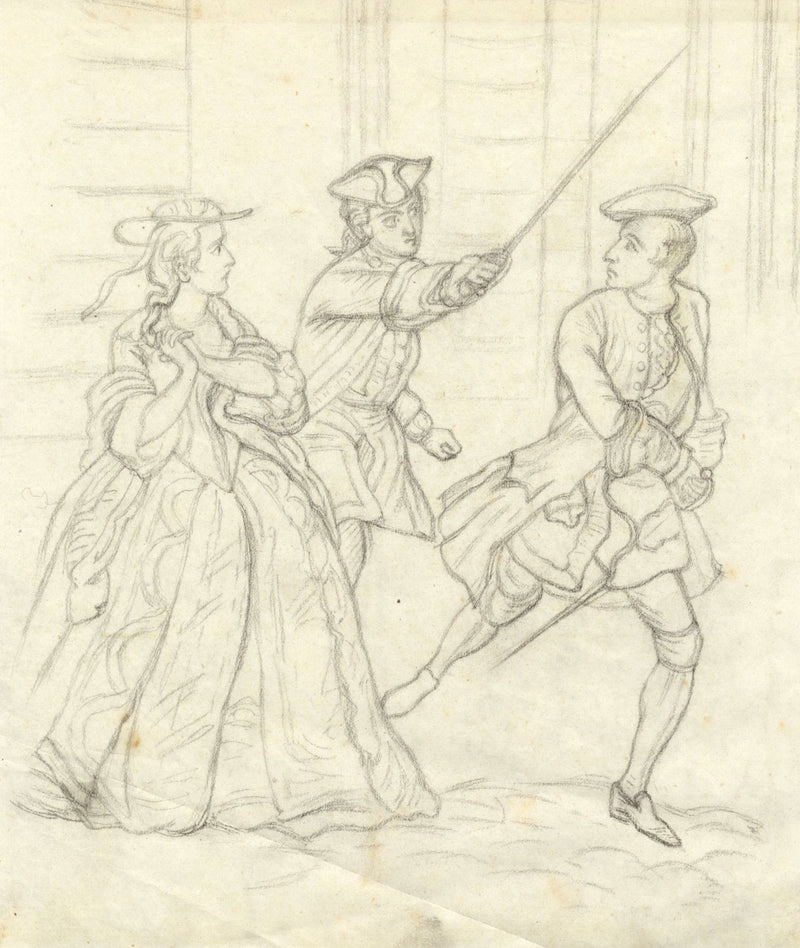 Two 18th-century Men Drawing Their Swords – late 19th-century graphite drawing