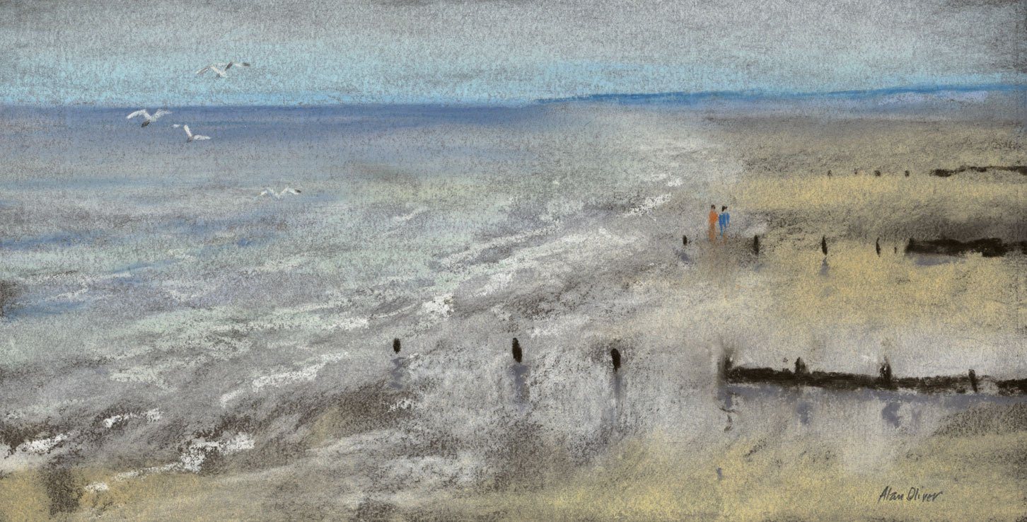 Alan Oliver, Beach Scene – Original c.1985 pastel drawing