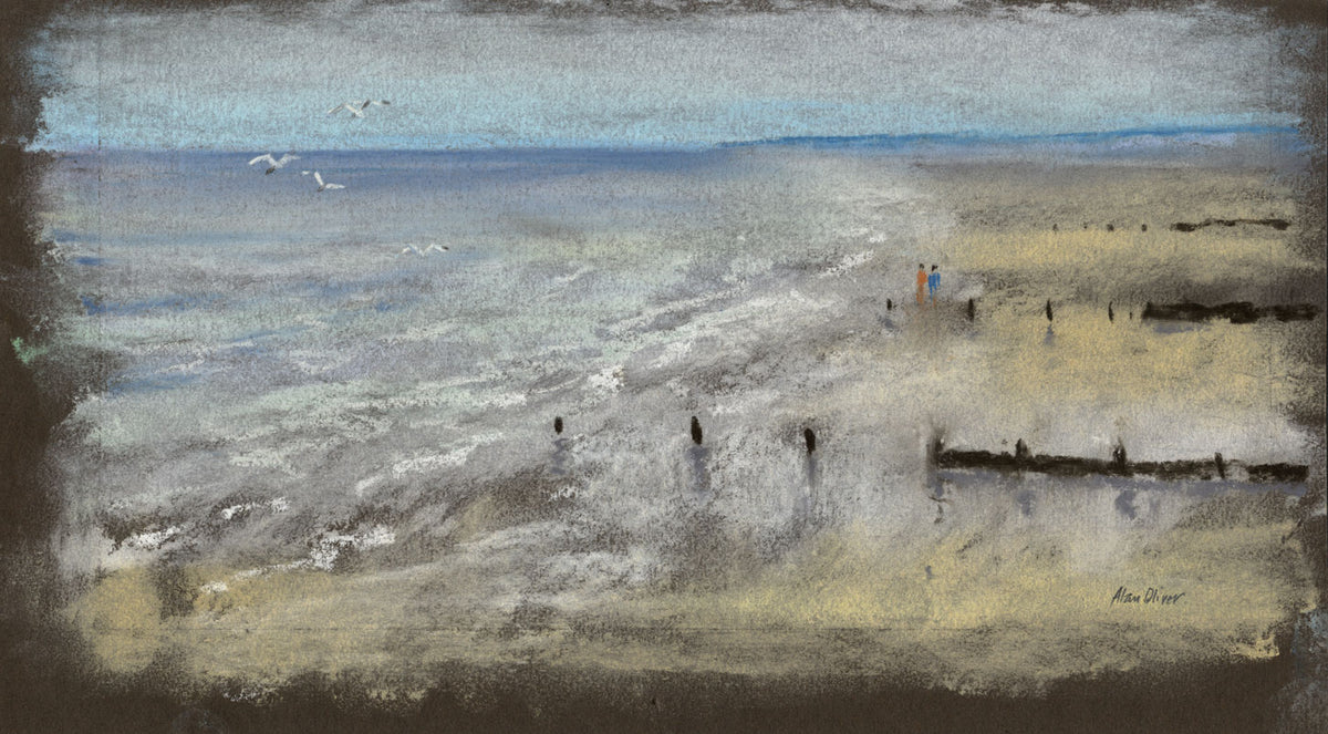 Alan Oliver, Beach Scene – Original c.1985 pastel drawing