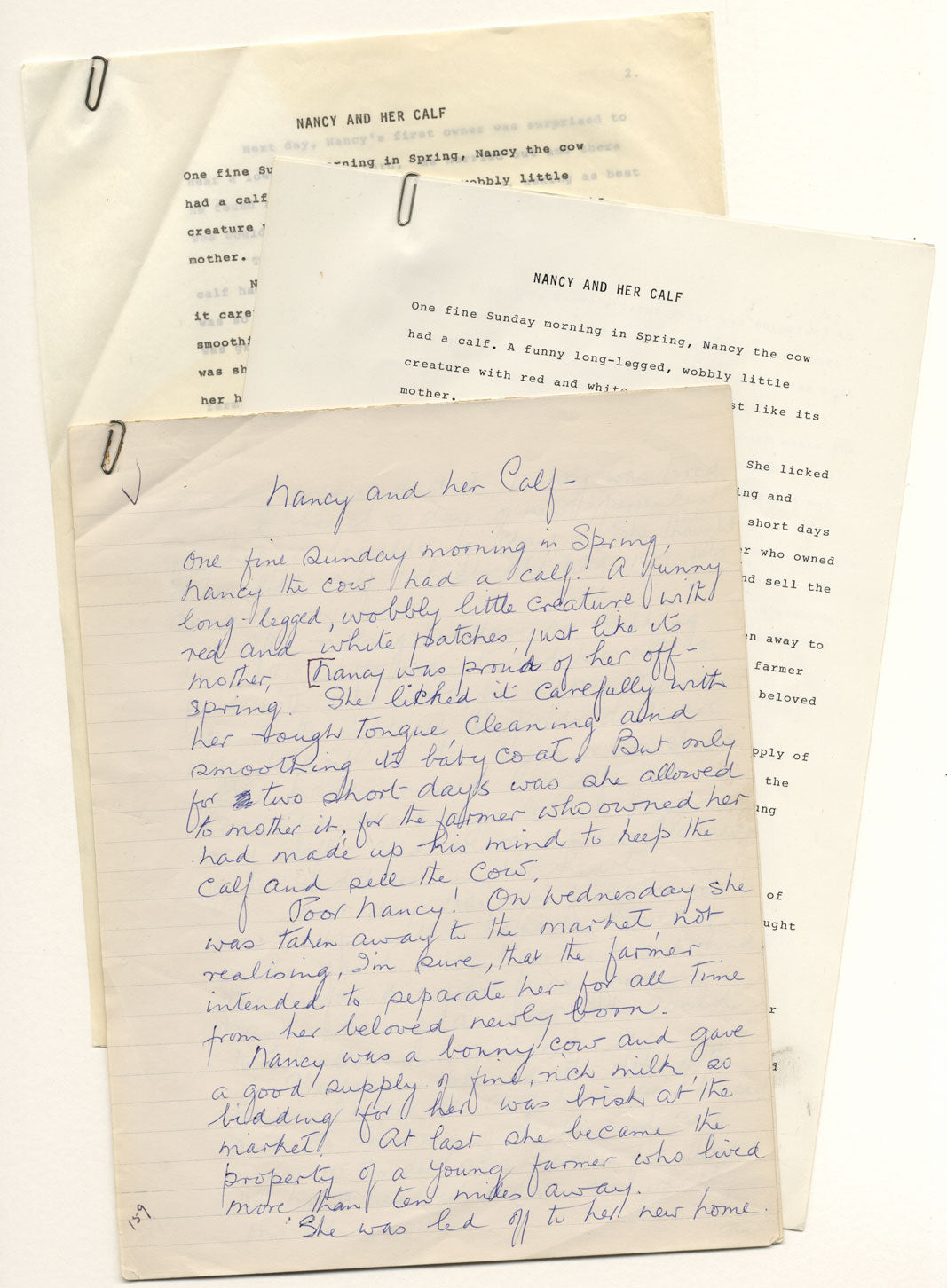 Ellen M. Murray Thomson, Manuscript for 'Nancy and Her Calf' Children's Story