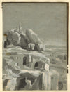 Rock Cave Dwellings with Spearsmen, India – early C19th grisaille wash drawing