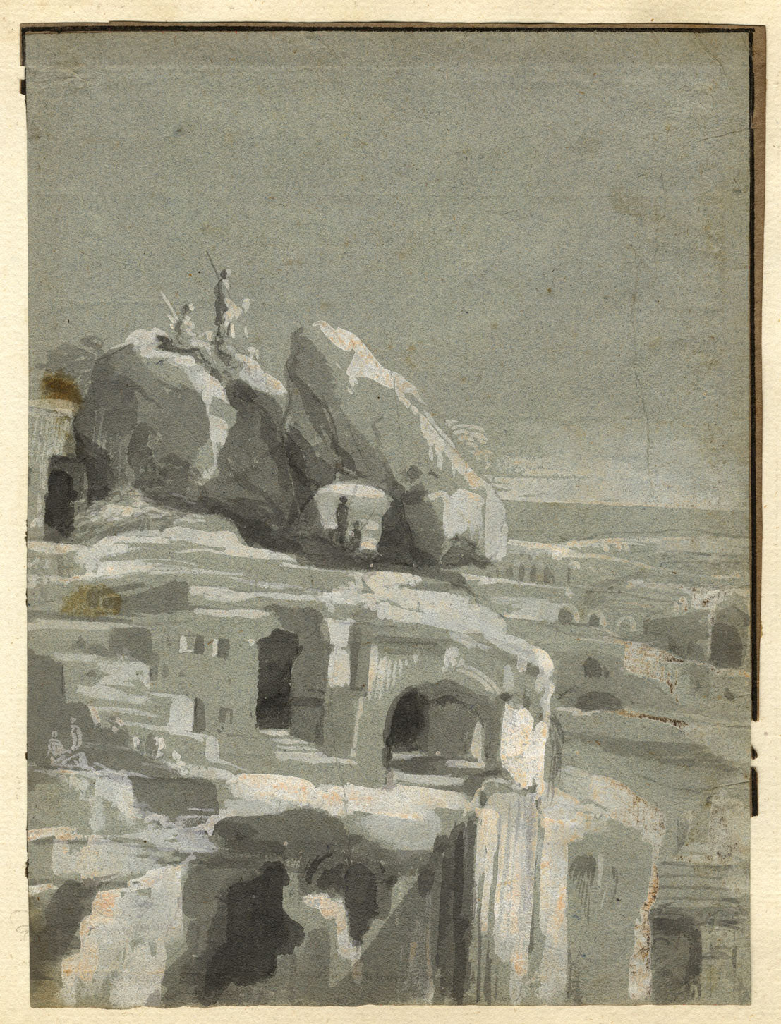 Rock Cave Dwellings with Spearsmen, India – early C19th grisaille wash drawing