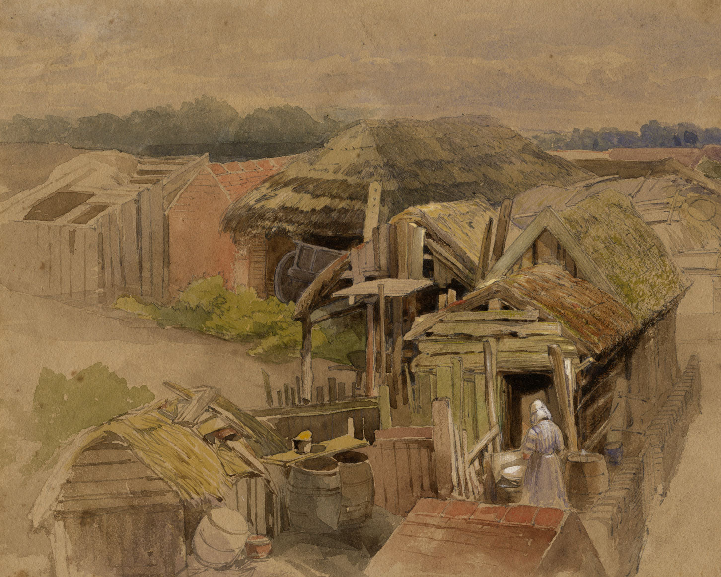 Frederick William Hulme, Farmstead Barns – mid-19th-century watercolour painting