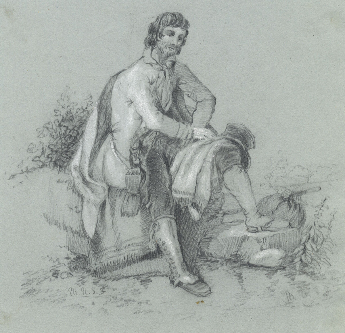 M.H.S.F., Resting Gentleman Traveller – mid-19th-century graphite drawing