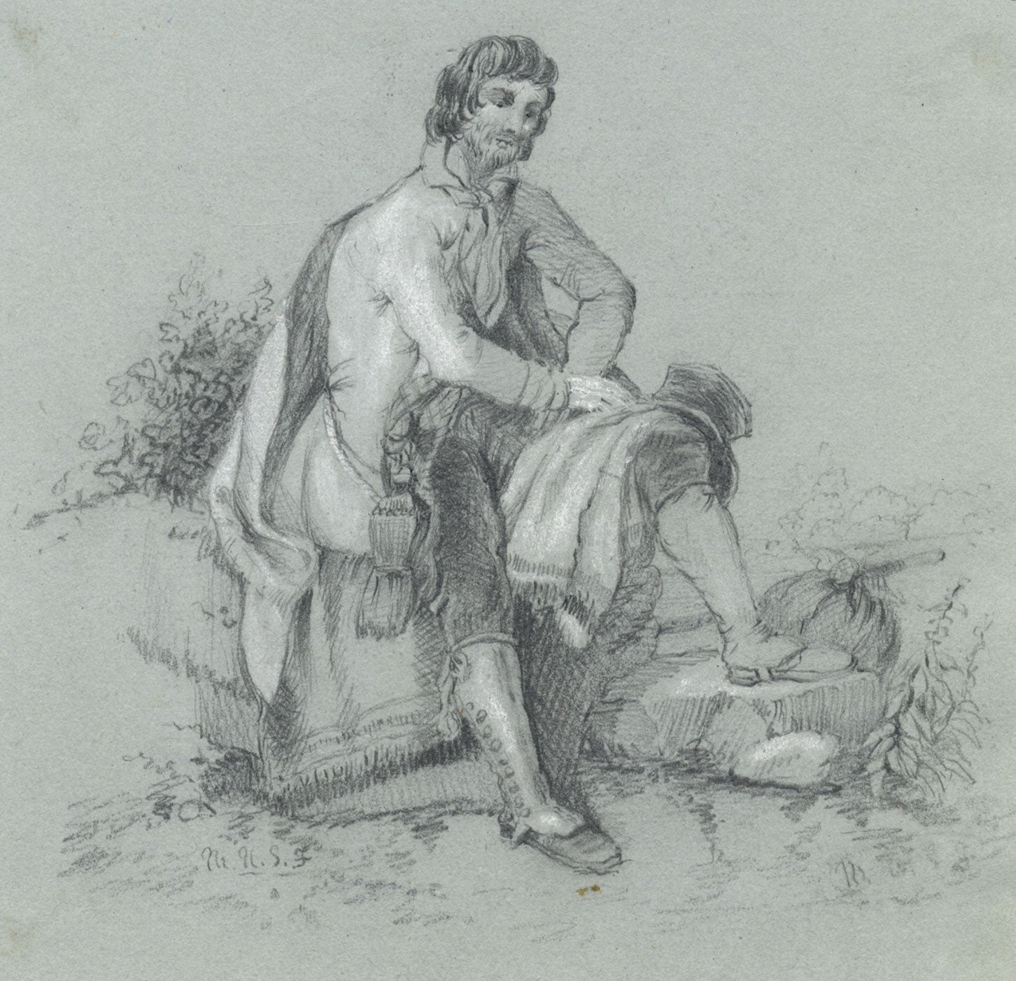M.H.S.F., Resting Gentleman Traveller – mid-19th-century graphite drawing
