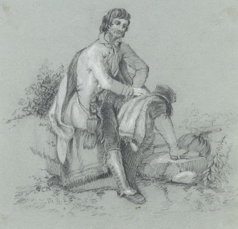 M.H.S.F., Resting Gentleman Traveller – mid-19th-century graphite drawing