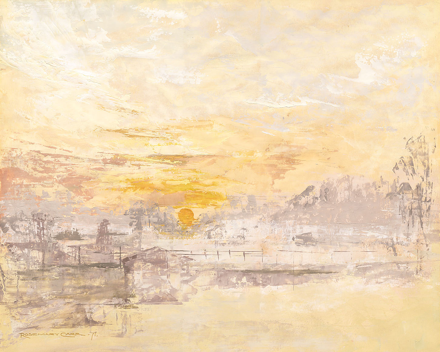 Rosemary Carr ROI, Abbey Mills at Sunrise – Original 1971 oil painting on paper