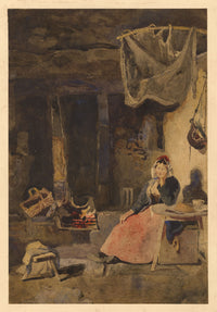 William James Müller, Interior with Woman Seated by Fire–early C19th watercolour