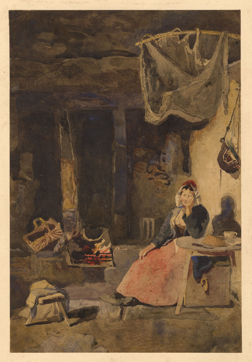 William James Müller, Interior with Woman Seated by Fire–early C19th watercolour