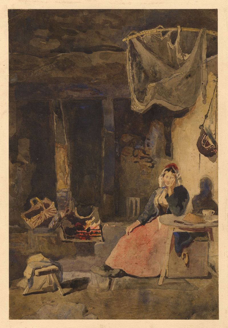 William James Müller, Interior with Woman Seated by Fire–early C19th watercolour