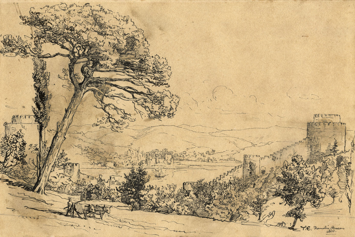 Tristram James Ellis, Rumeli Fortress, Istanbul, Turkey – 1888 pen & ink drawing