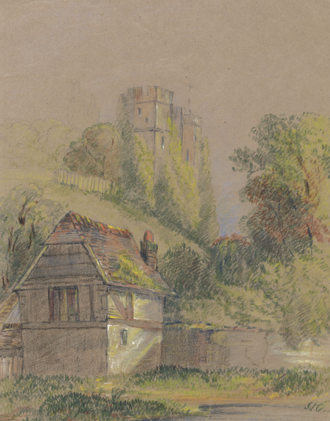 Castle View – Original late 19th-century pastel drawing