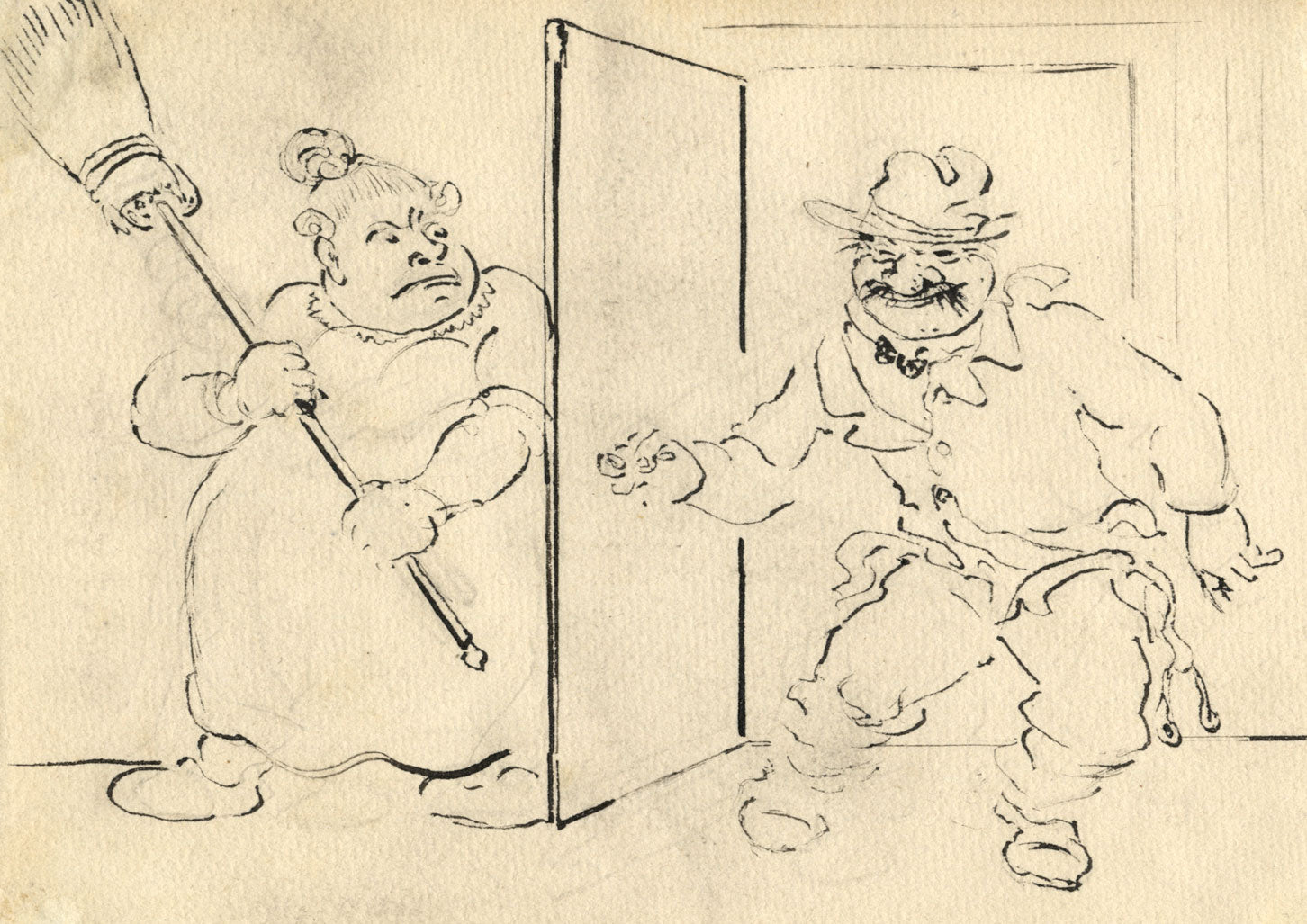 G. Cervelli, The Return of the Drunkard Cartoon (Le Retour) – 1910s ink drawing