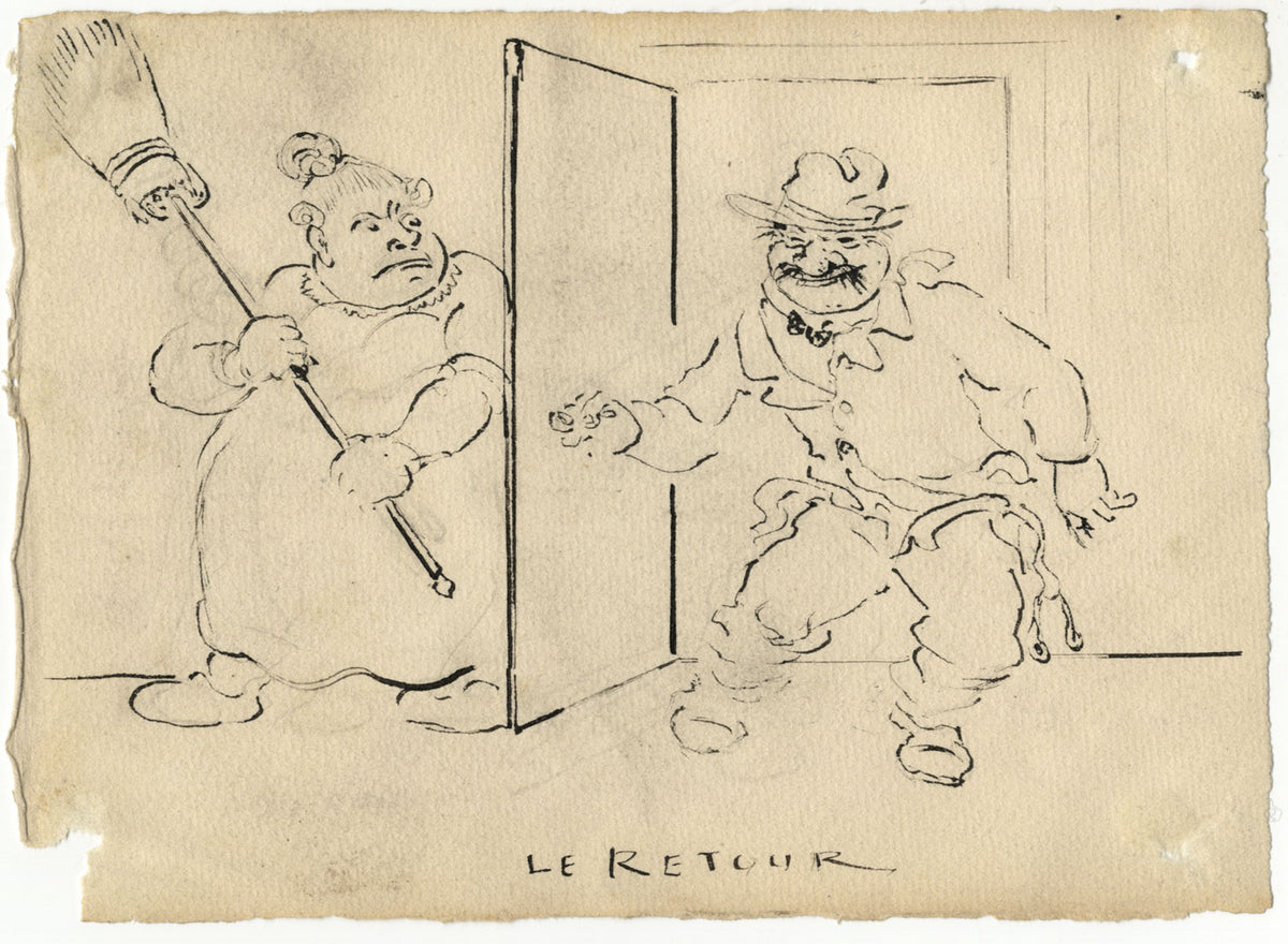 G. Cervelli, The Return of the Drunkard Cartoon (Le Retour) – 1910s ink drawing