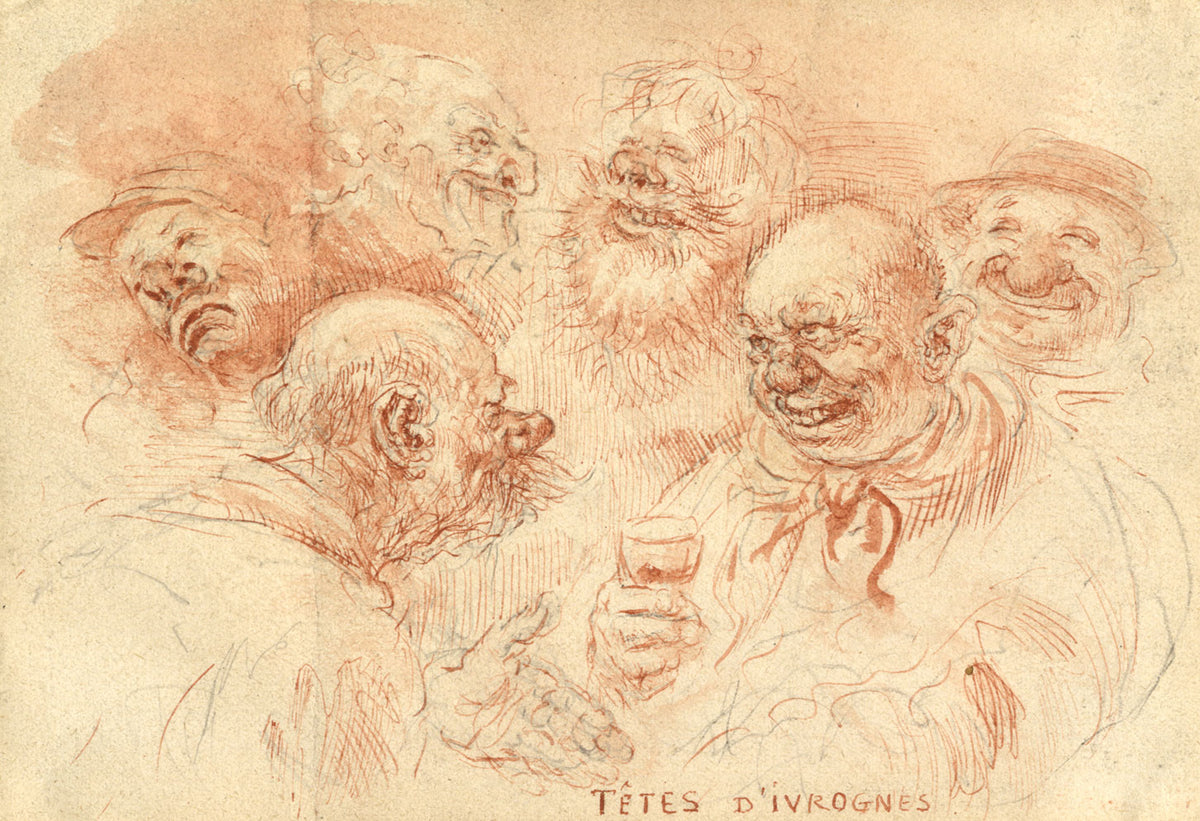 G. Cervelli, Drunkards French Caricature (Têtes d'ivrognes) – 1910s ink drawing