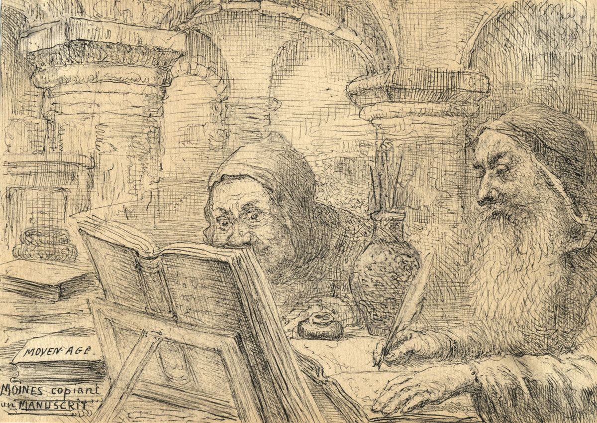 G. Cervelli, Monks of the Middle Ages Satirical Cartoon –1910s pen & ink drawing