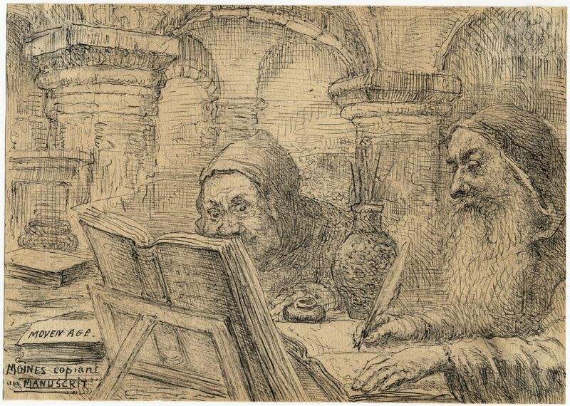 G. Cervelli, Monks of the Middle Ages Satirical Cartoon –1910s pen & ink drawing