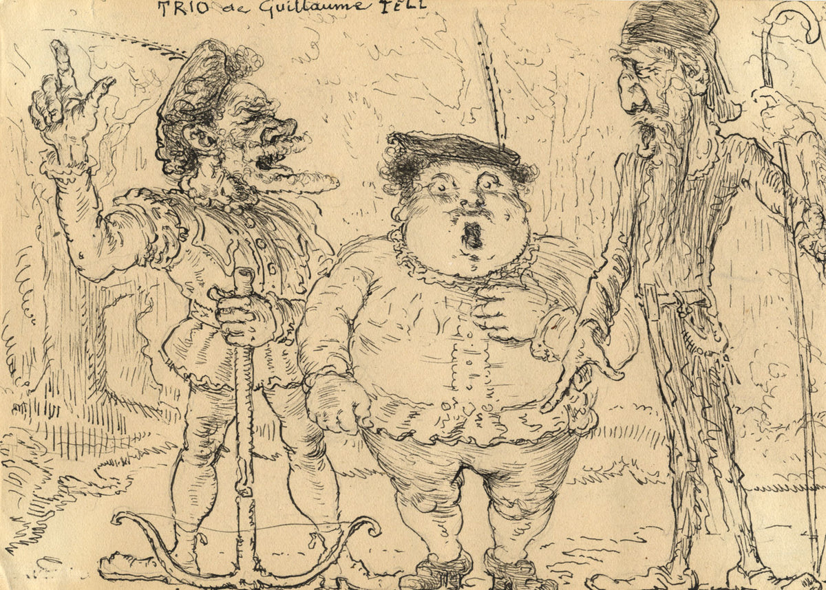 G. Cervelli, William (Guillaume) Tell Trio Satirical Cartoon – 1910s ink drawing
