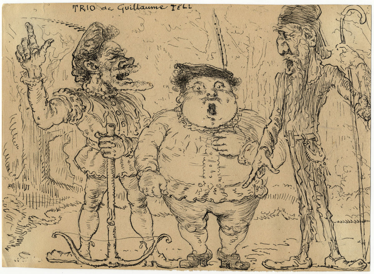 G. Cervelli, William (Guillaume) Tell Trio Satirical Cartoon – 1910s ink drawing
