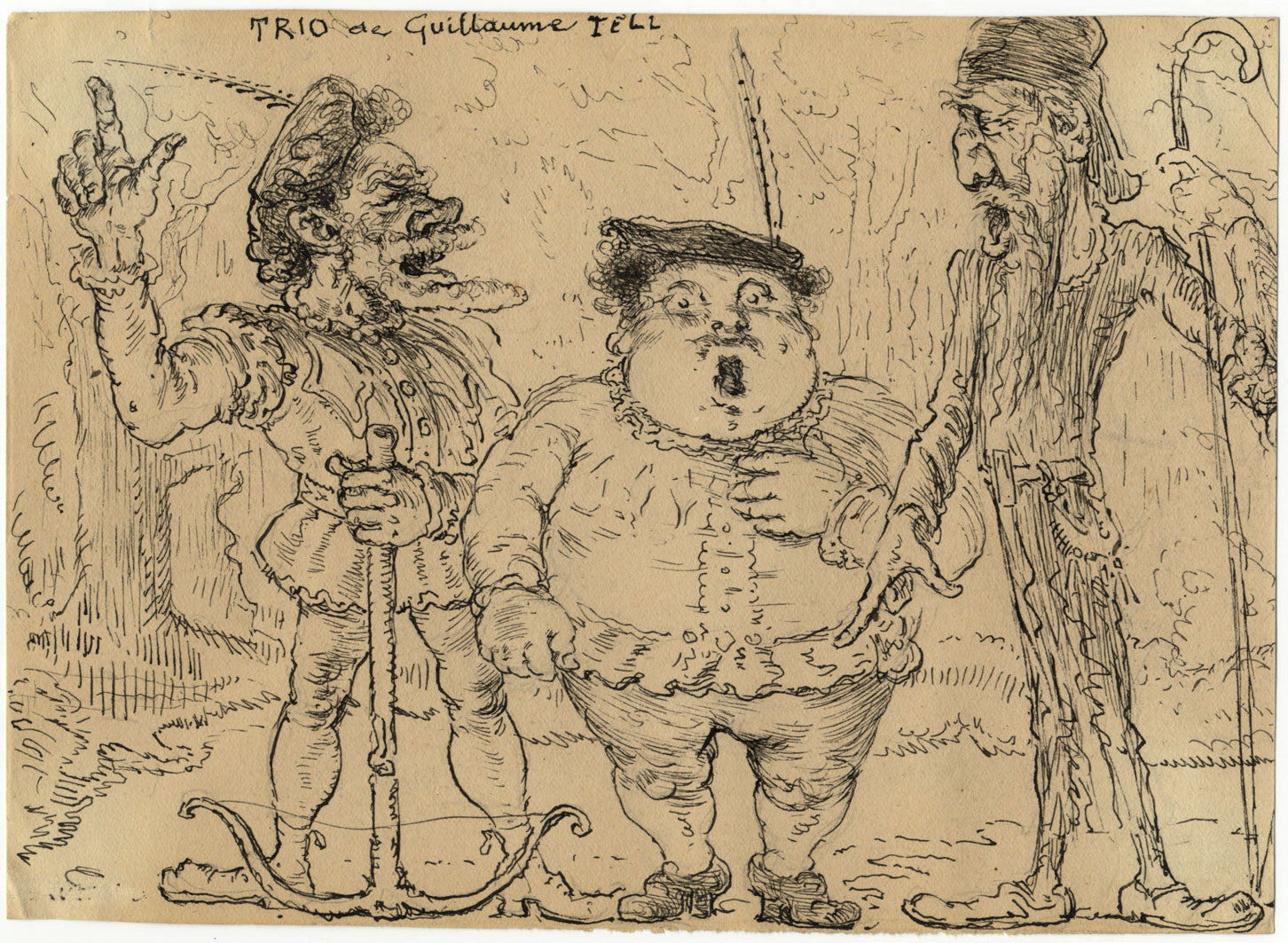 G. Cervelli, William (Guillaume) Tell Trio Satirical Cartoon – 1910s ink drawing