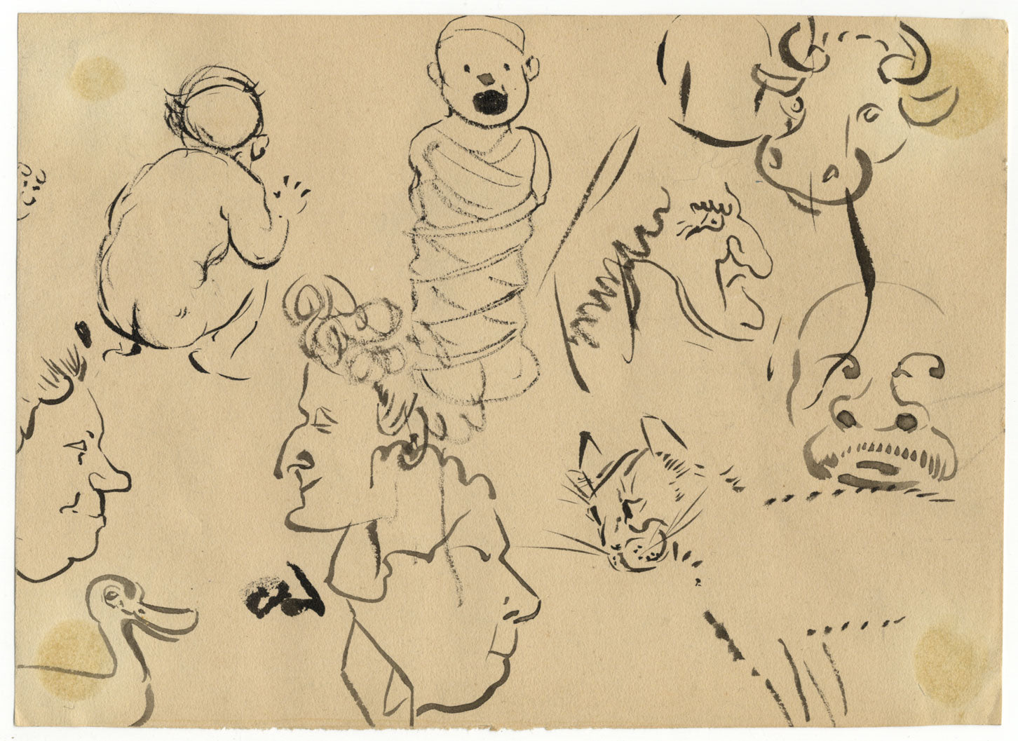 G. Cervelli, William (Guillaume) Tell Trio Satirical Cartoon – 1910s ink drawing