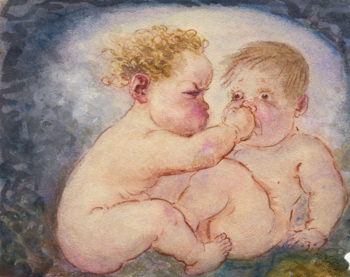 G. Cervelli, Fighting Babies 'La discorde' Cartoon – 1910s watercolour painting