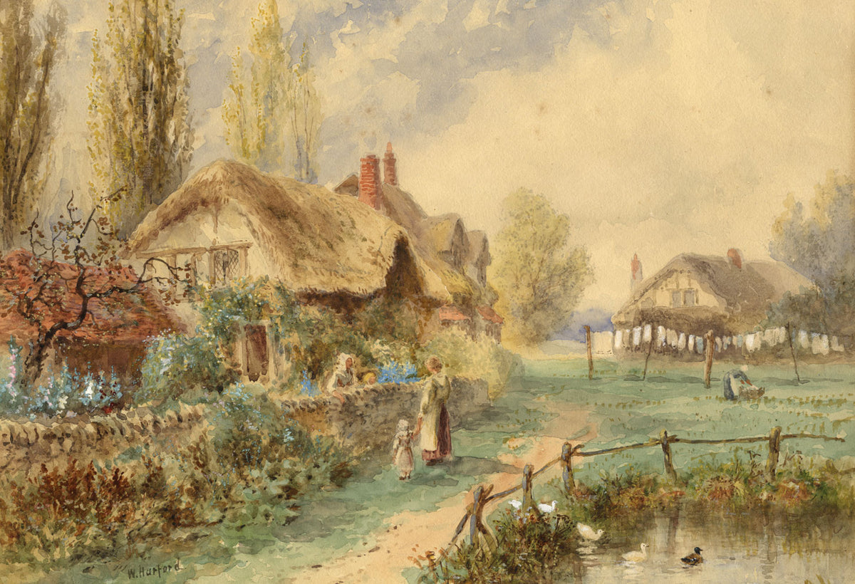 William Henry Harford, Thatched Cottage Scene – early 20th-century watercolour