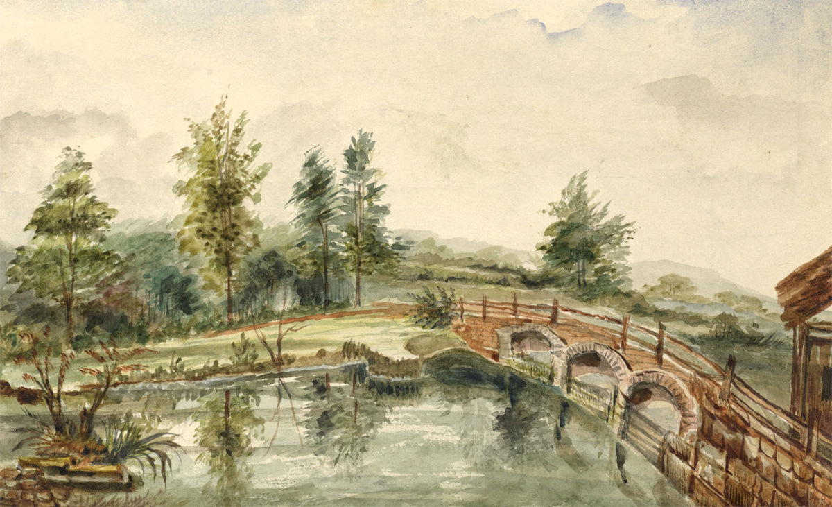 Naive School, Bridge, Possibly River Frome near Hambrook – 1850s watercolour