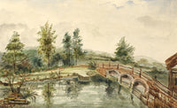Naive School, Bridge, Possibly River Frome near Hambrook – 1850s watercolour