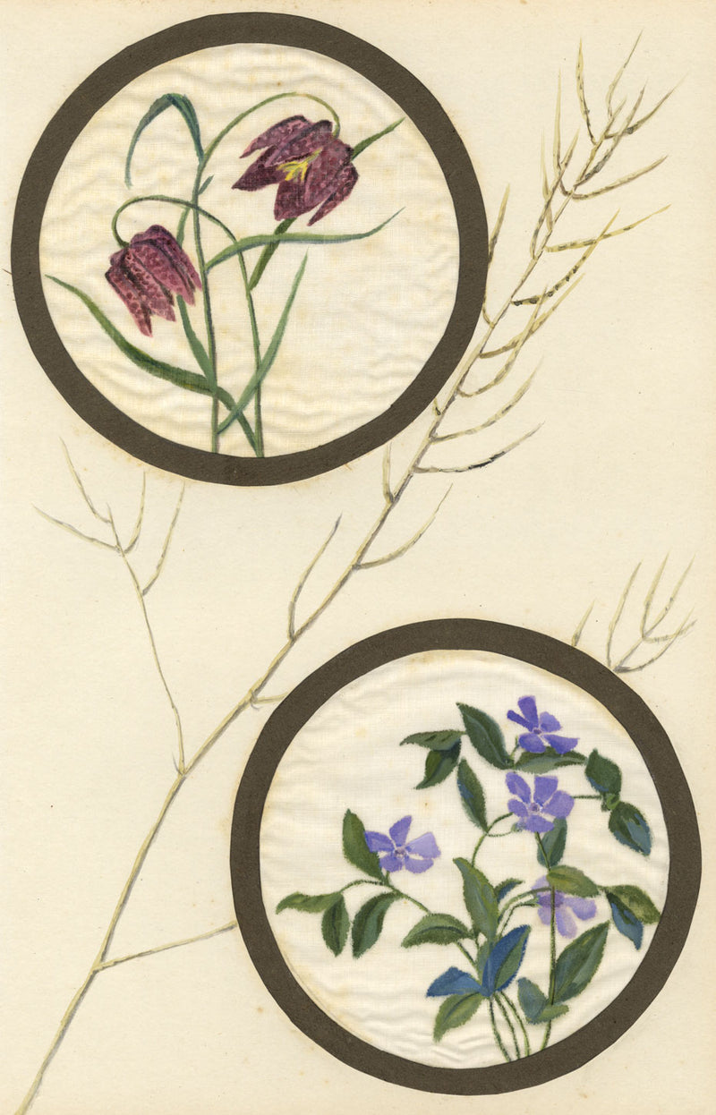 Snake's Head Fritillary & Periwinkle – early C20th watercolour on linen gauze