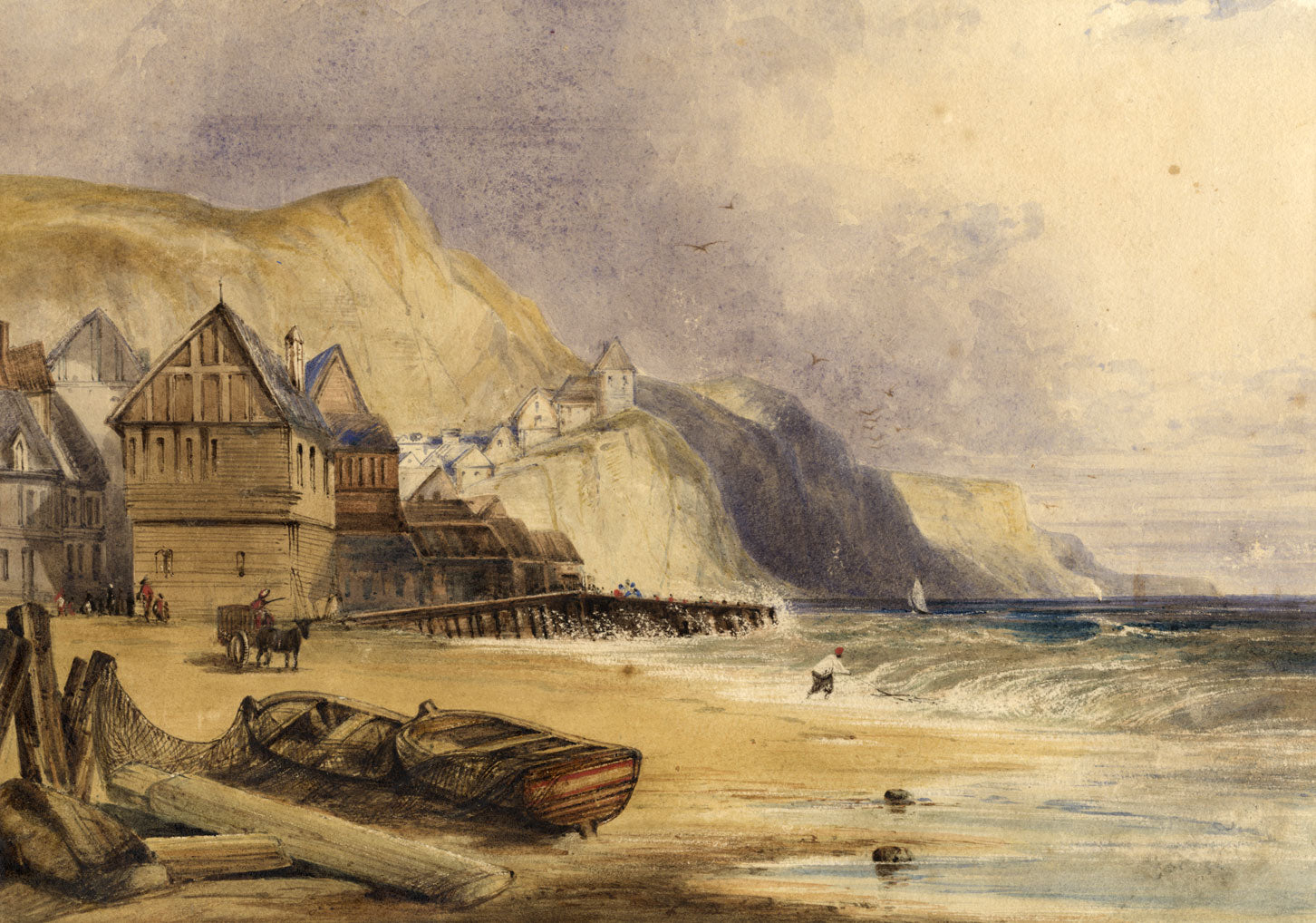 Fishing Nets on Beach, Possibly Brittany – mid-19th-century watercolour painting