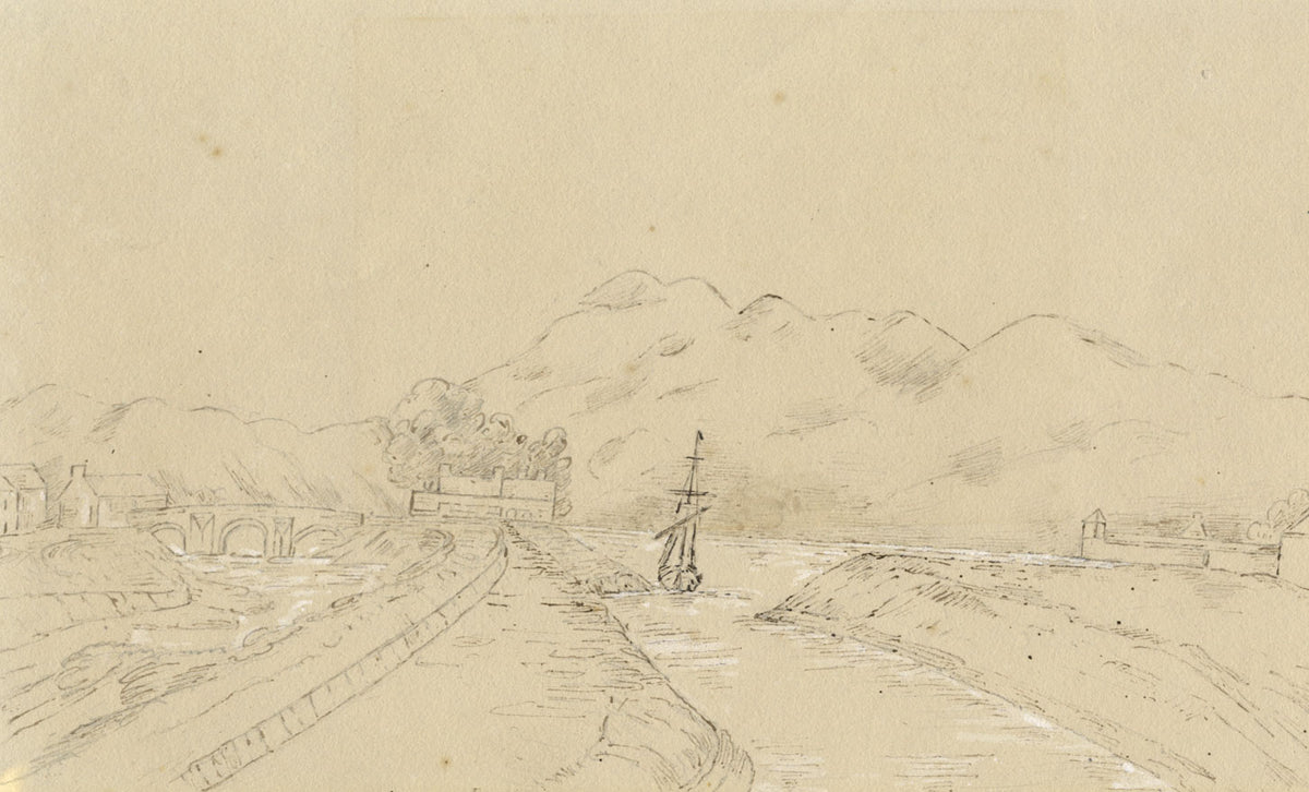 Caledonian Canal, Scotland: Loch Ness Leaving Fort Augustus – 1838 drawing