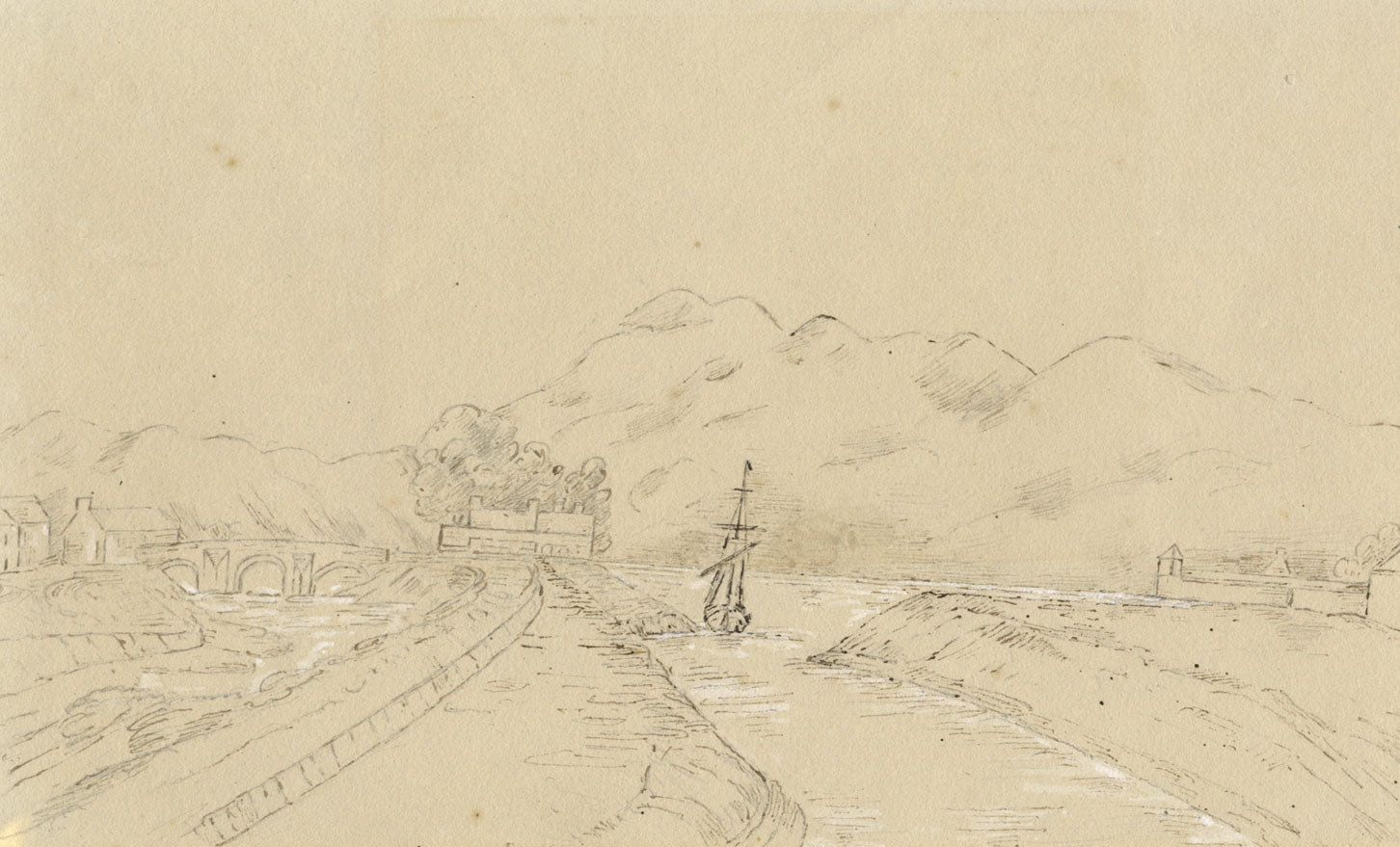 Caledonian Canal, Scotland: Loch Ness Leaving Fort Augustus – 1838 drawing