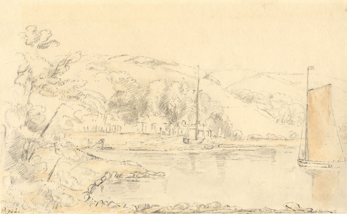 Quay at Pentillie Castle with the Gardeners Cottage, Cornwall – 1842 drawing